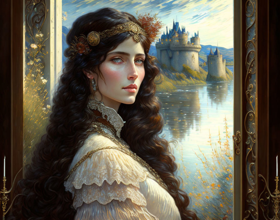 Dark-haired woman with golden crown looking out of window at castle by lake