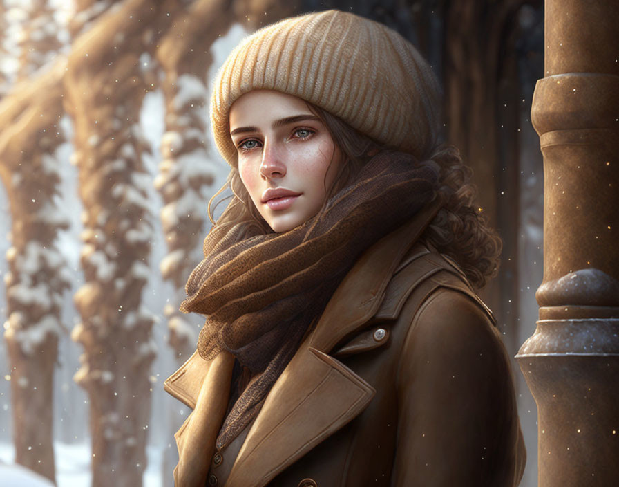 Woman in Winter Attire Outdoors with Beanie and Scarf