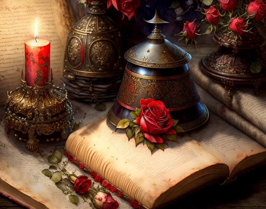 Open book with red roses, lit candle, incense burner, and roses in the background.