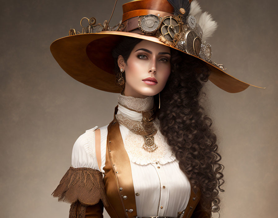 Steampunk woman in large-brimmed hat and corset outfit