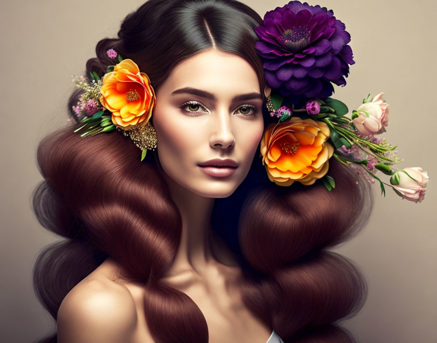 Woman with Voluminous Chestnut Hair and Floral Hair Adornments