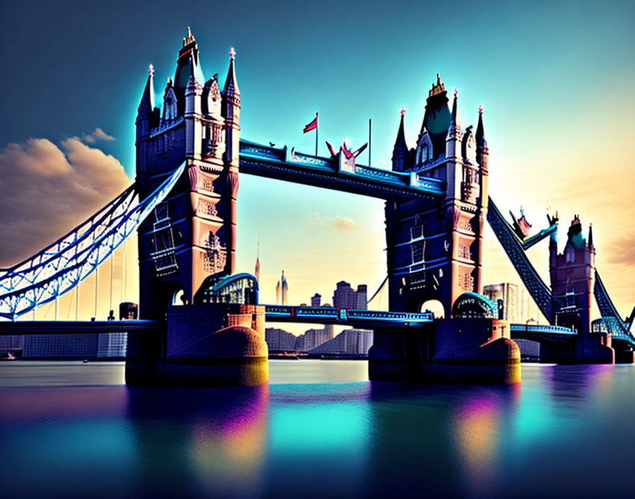 Iconic Tower Bridge in London with open drawbridges at dusk sky