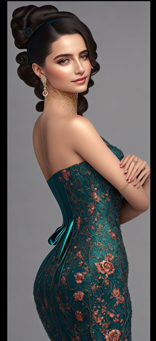 Woman in teal dress with floral embroidery and elegant updo.