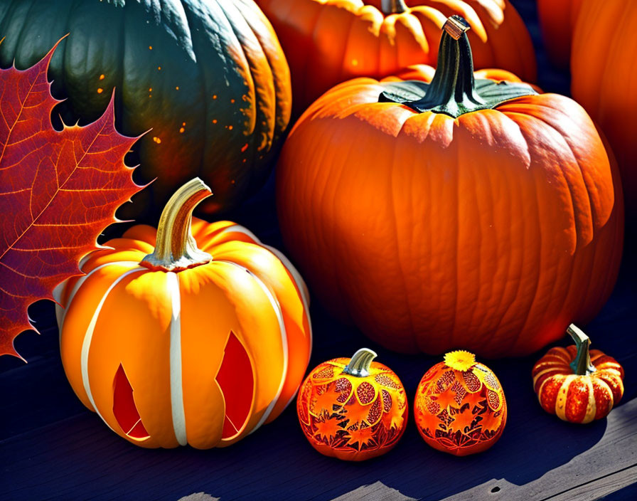 Colorful Pumpkins and Gourds with Maple Leaf: Autumnal Display