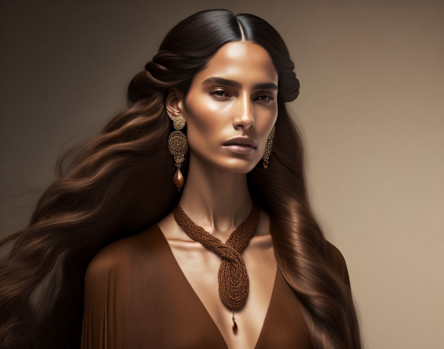 Confident woman with long brown hair and statement jewelry on neutral backdrop