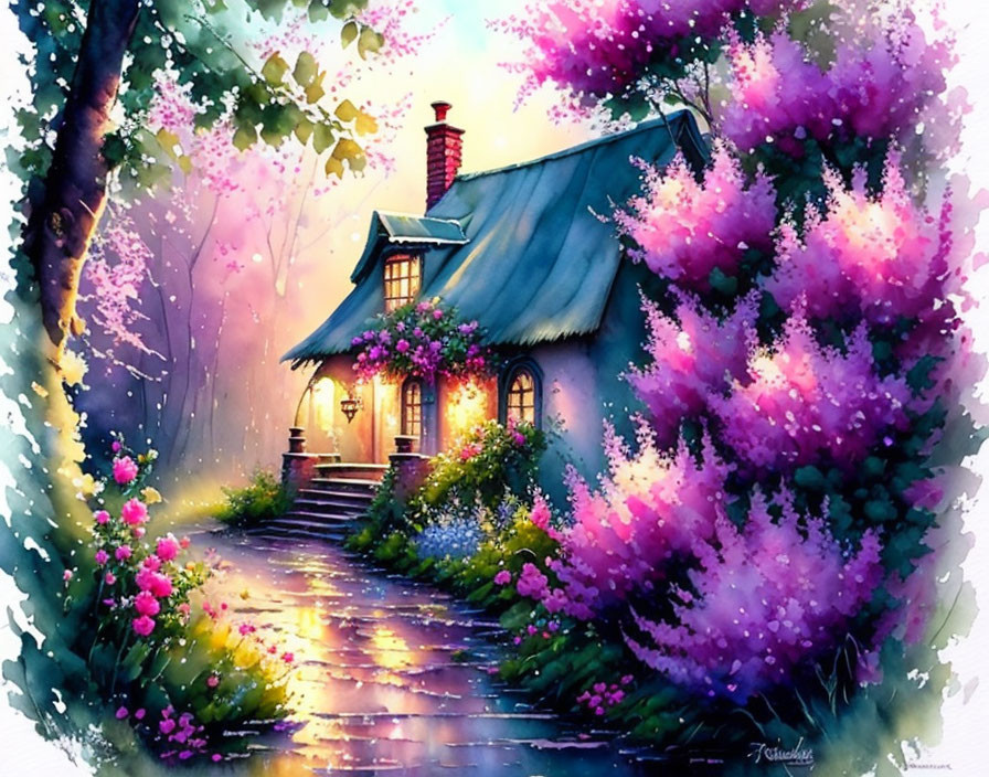 Charming cottage with pink and purple flowers in warm light