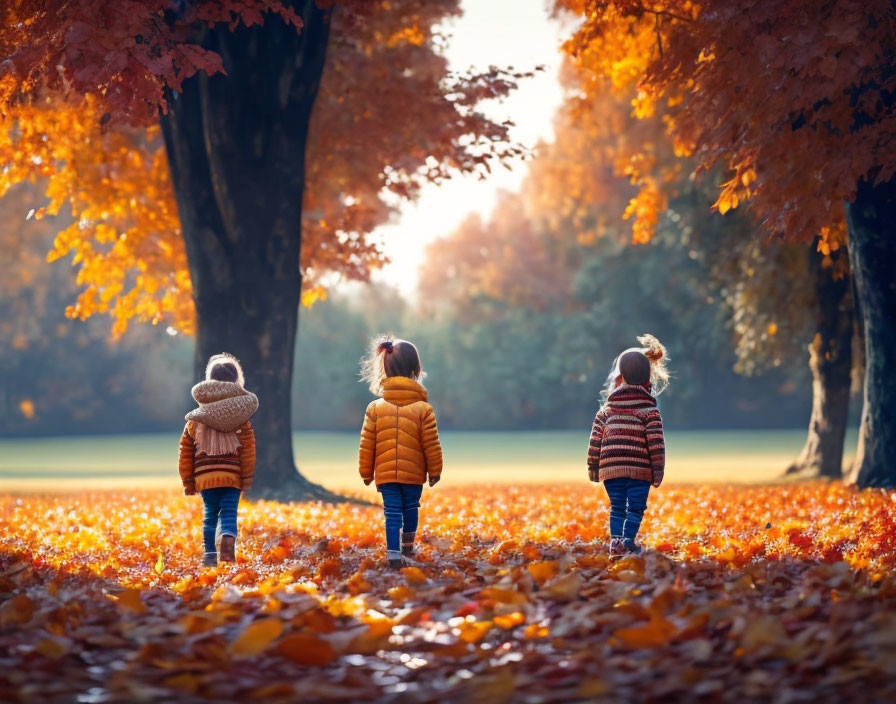 Children in autumn park with vibrant orange trees