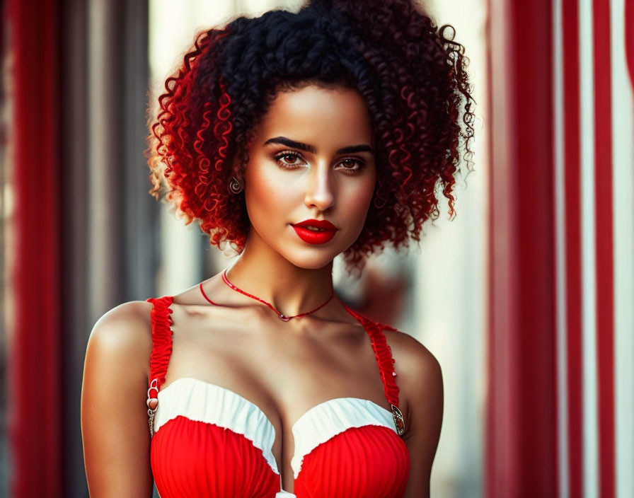 Woman with Curly Hair in Red & White Dress by Red Curtains