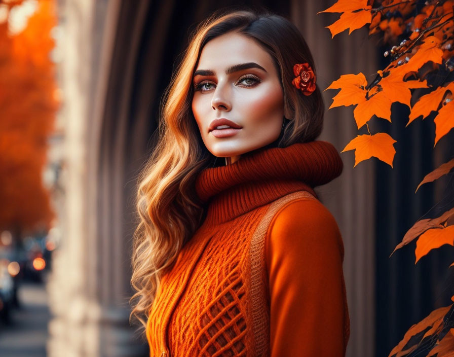 Woman in Orange Turtleneck Sweater with Floral Hair Accessory Among Autumn Leaves and City Background