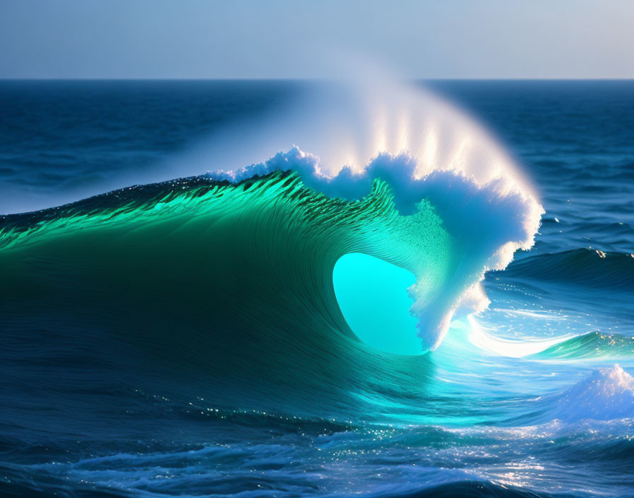 Translucent turquoise wave curling in a tube with light piercing through against deep blue ocean and sky