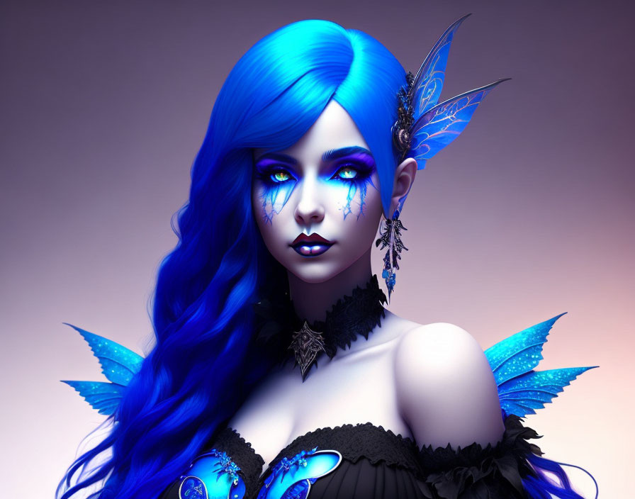 Fantasy illustration: Woman with blue skin, purple eyes, butterfly wings on eyes and shoulders