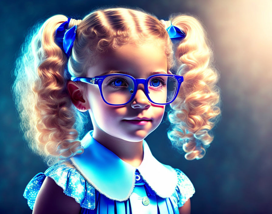 Portrait of a young girl with curly pigtails and blue-rimmed glasses in a blue coll