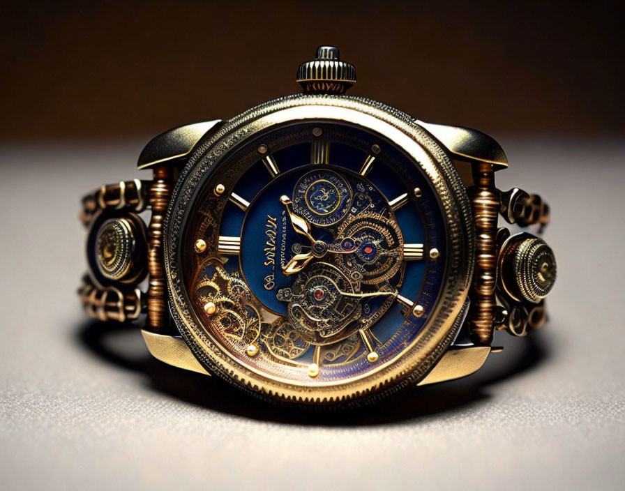 Luxury Watch with Exposed Gears, Golden Accents, Roman Numerals, and Elabor