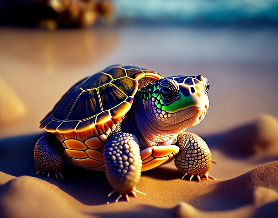 Colorful Turtle with Intricate Shell Patterns Basking in Sunlight