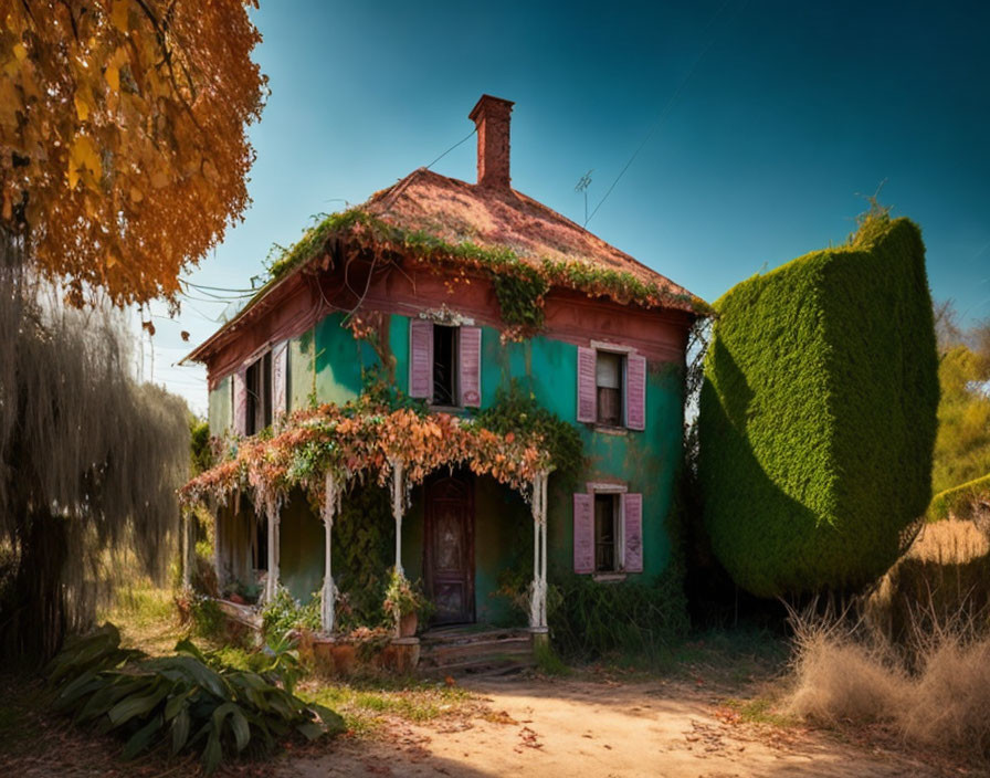 Weathered green shutters on old two-story house with ivy, autumn foliage, and trimmed hedge