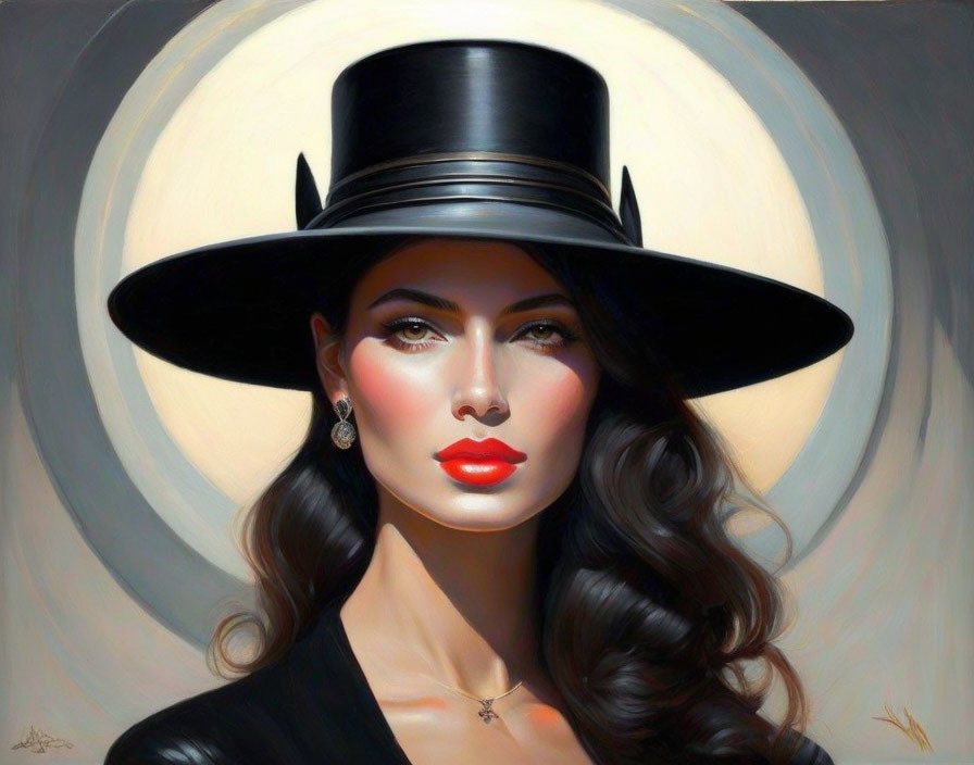 Dark-haired woman in top hat with red lips and halo glow artwork