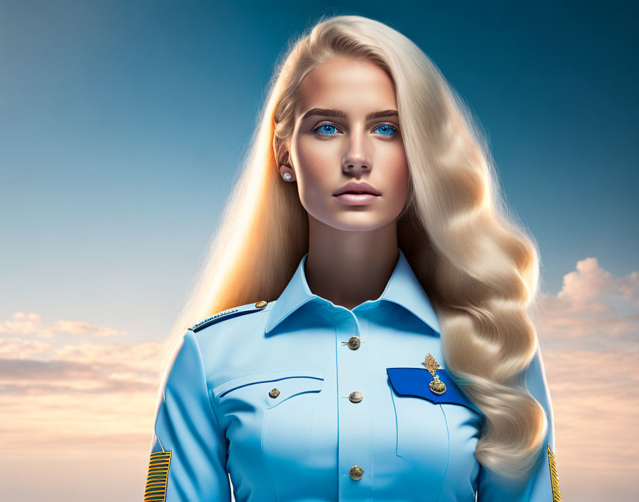 Blonde Woman in Sky Blue Uniform Artwork