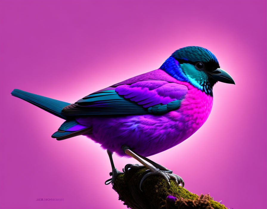 Colorful Bird Perched on Mossy Branch on Pink Background