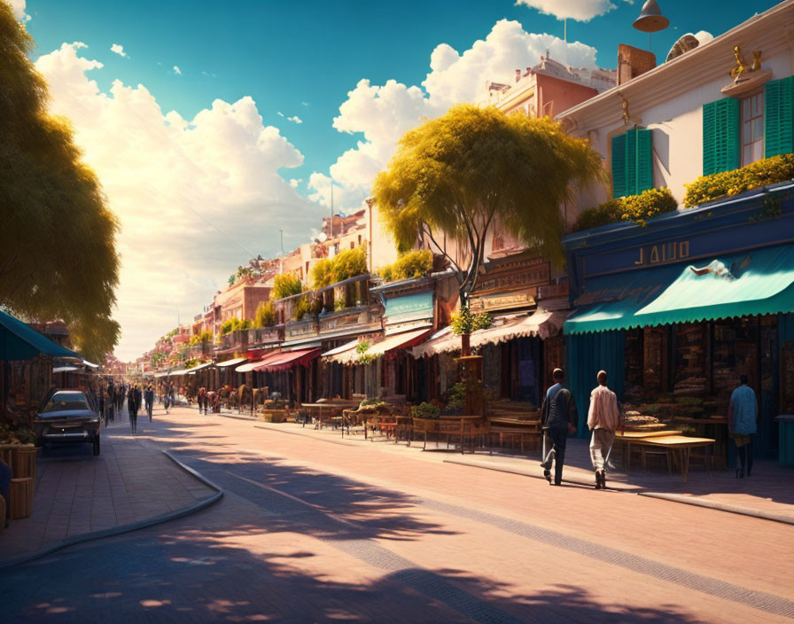 Colorful city street with pedestrians, outdoor cafes, and trees under cloudy sky