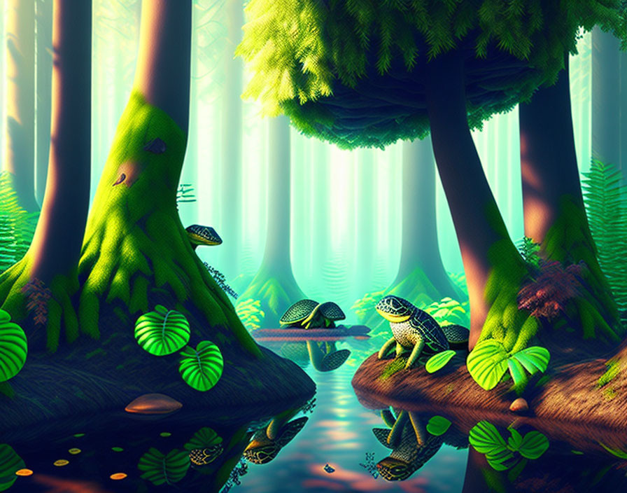 Digital Art: Vibrant Forest Scene with Frogs, Mossy Banks, Green Trees, Sunlight