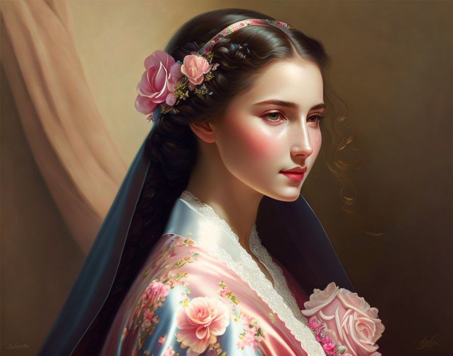 Woman with Floral Hairpiece in Blue Shawl and Pink Dress, Serene Aura