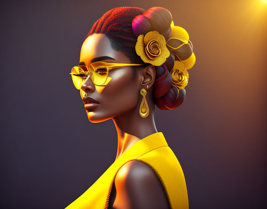 Profile View of Woman with Red and Yellow Hair and Gold Glasses on Dark Background