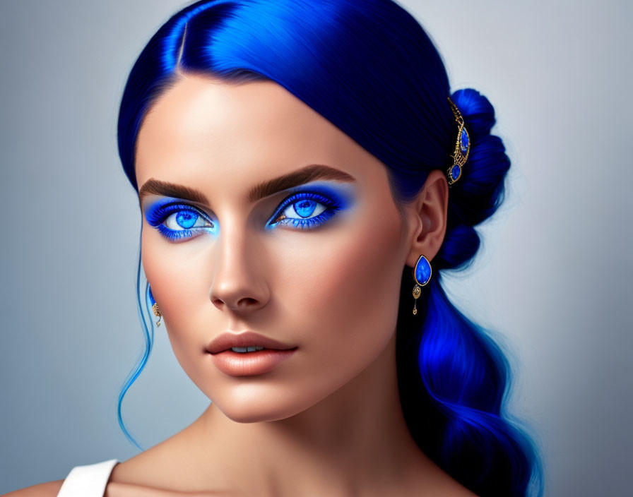 Portrait of Woman with Striking Blue Hair and Makeup