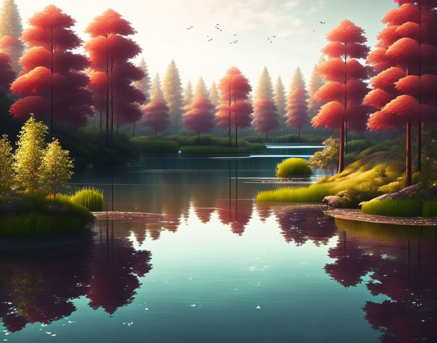 Tranquil lake scene with red foliage, warm light, birds, and lush greenery