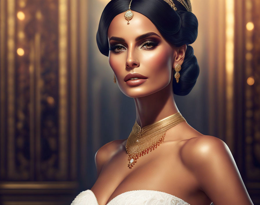 Sophisticated woman with elegant updo, gold jewelry, and makeup on luxurious background