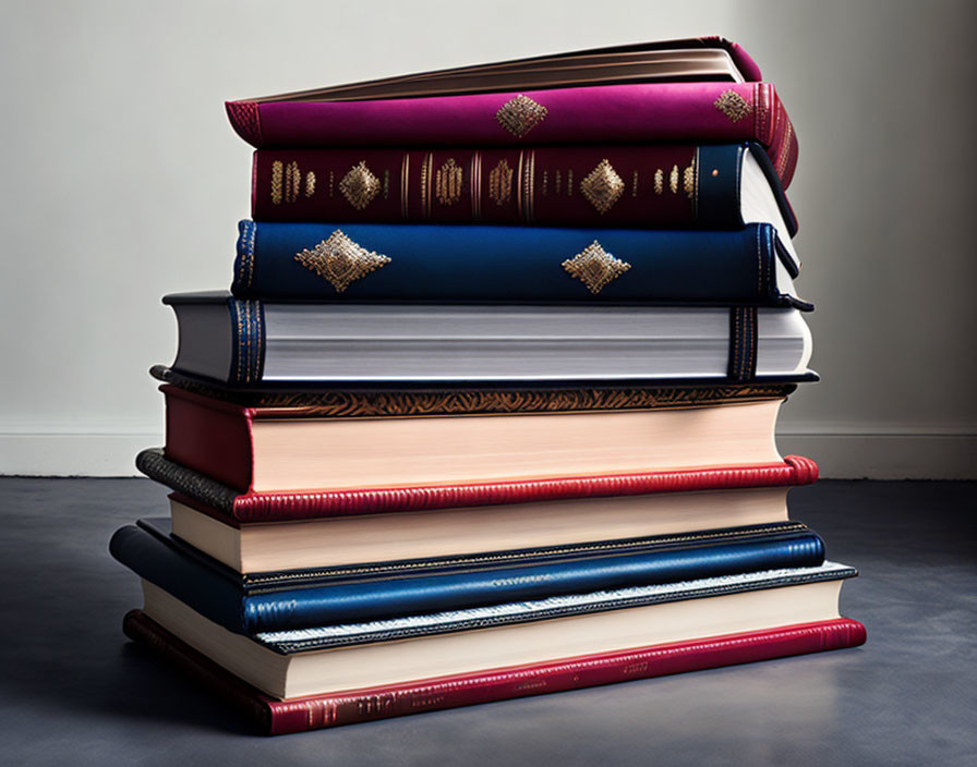 Ornate large books with gold detailing on gray gradient background