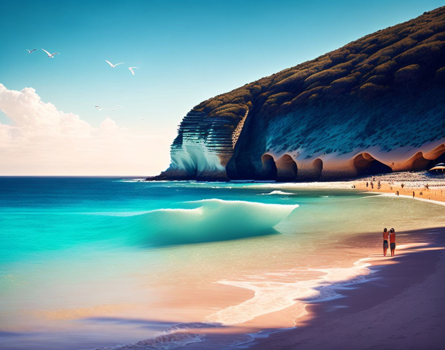 Couple walking on sandy beach with turquoise waters and layered cliff under blue sky.