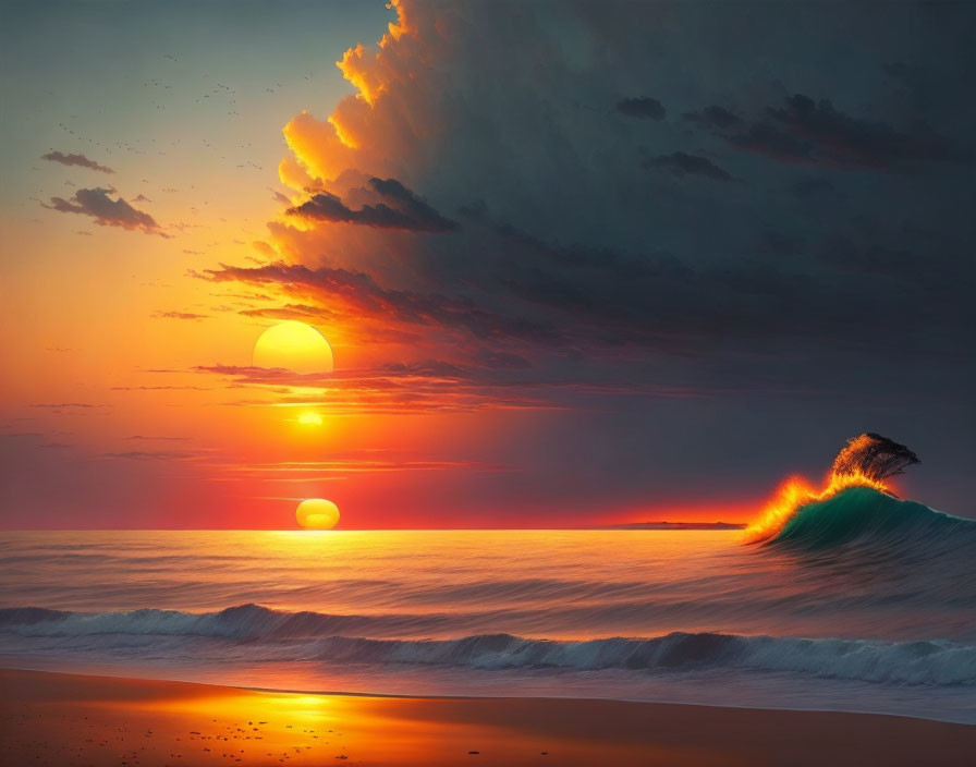 Dual sun illusion at vibrant sunset over beach with crashing waves