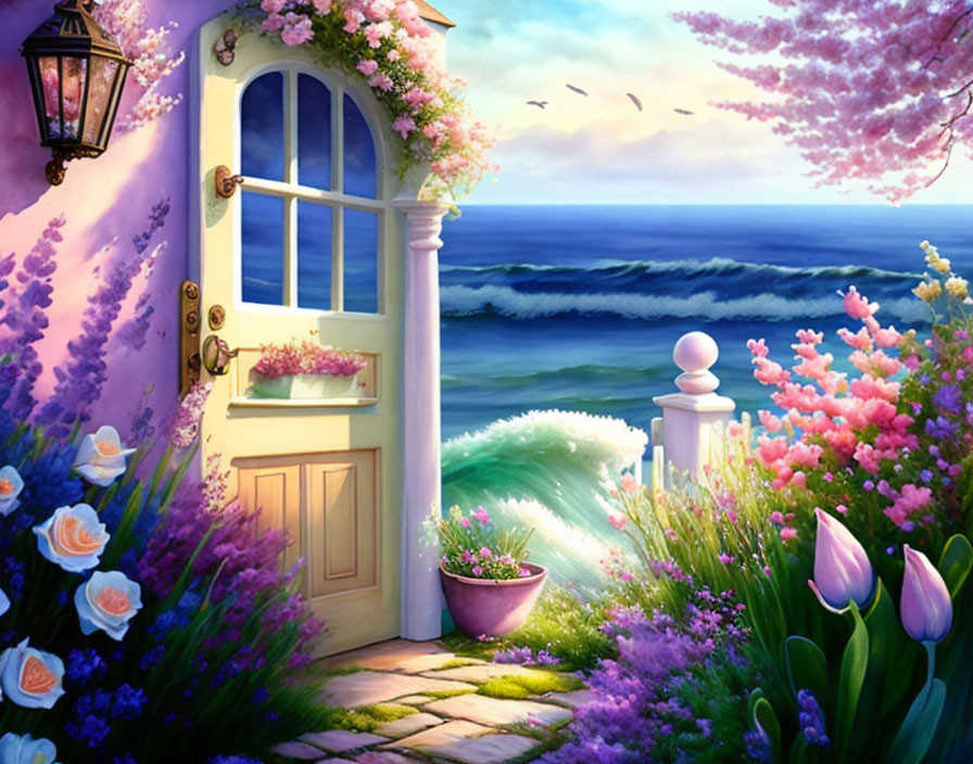 Tranquil Seascape with Charming Door, Flowers, Trellis, Lantern, and Ocean