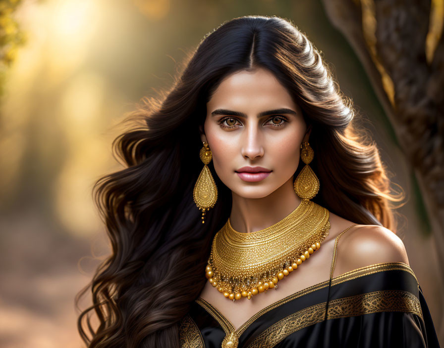 Long Wavy Hair Woman in Striking Makeup with Gold Jewelry