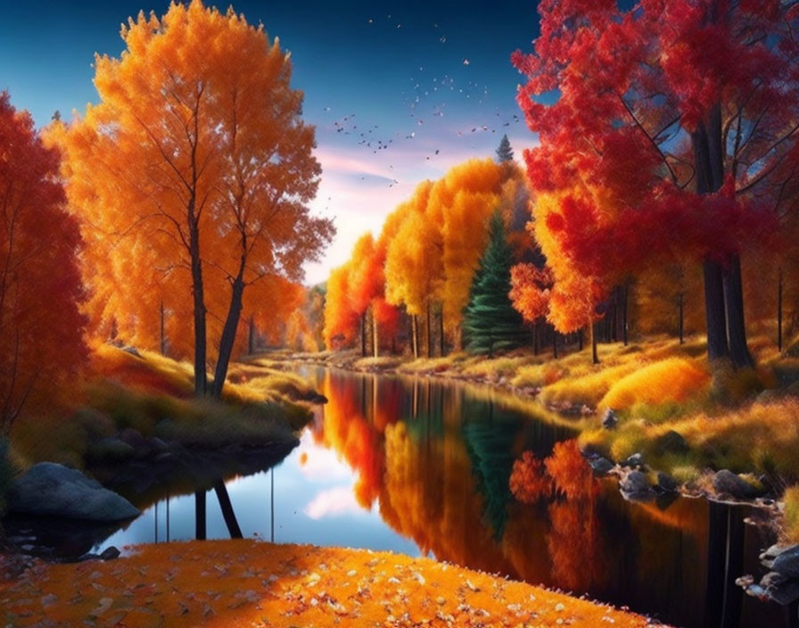 Scenic autumn landscape with orange and red trees by tranquil river