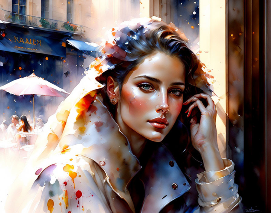 Digital artwork of woman with blue eyes, phone, flowers, in city cafe scenery