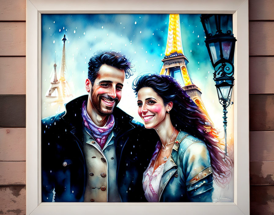 Smiling couple in winter attire with Eiffel Tower backdrop in white frame