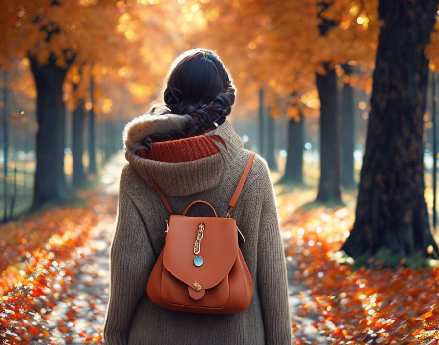 Woman with braid and backpack strolling in autumn park