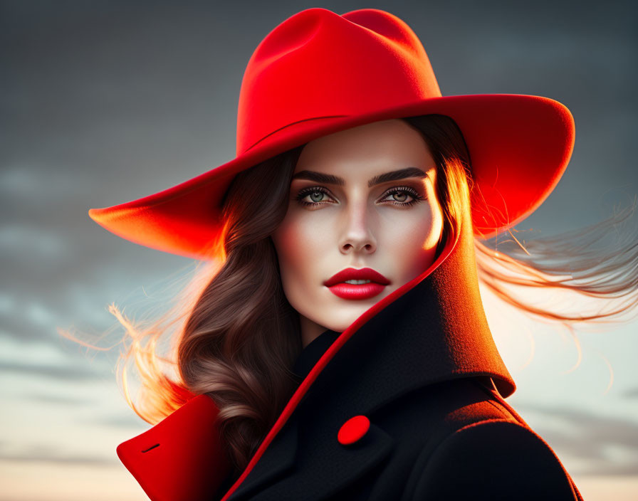 Woman with green eyes in red hat and lipstick, hair blowing in wind under dramatic sky