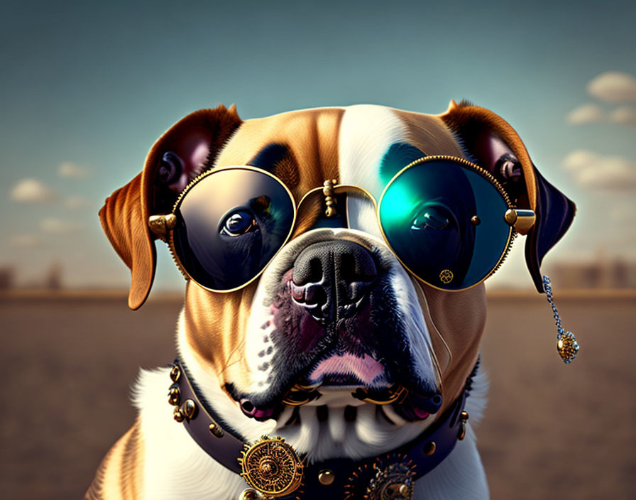 Bulldog in Golden Sunglasses and Chain Collar in Desert Setting