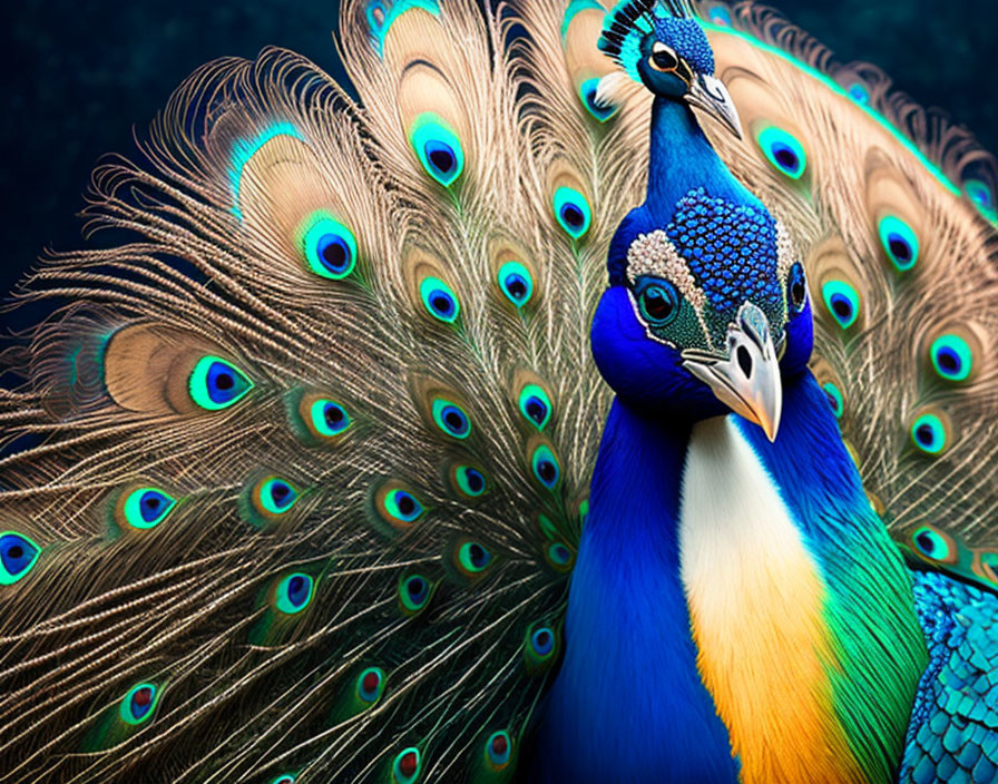 Colorful peacock with iridescent tail feathers on dark background