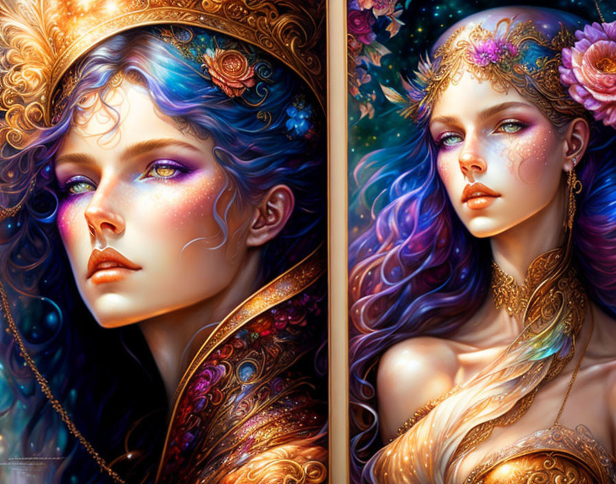 Detailed Illustrations of Fantastical Women with Colorful Hair & Floral Headpieces