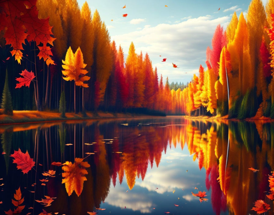 Vibrant autumn forest reflected in calm lake