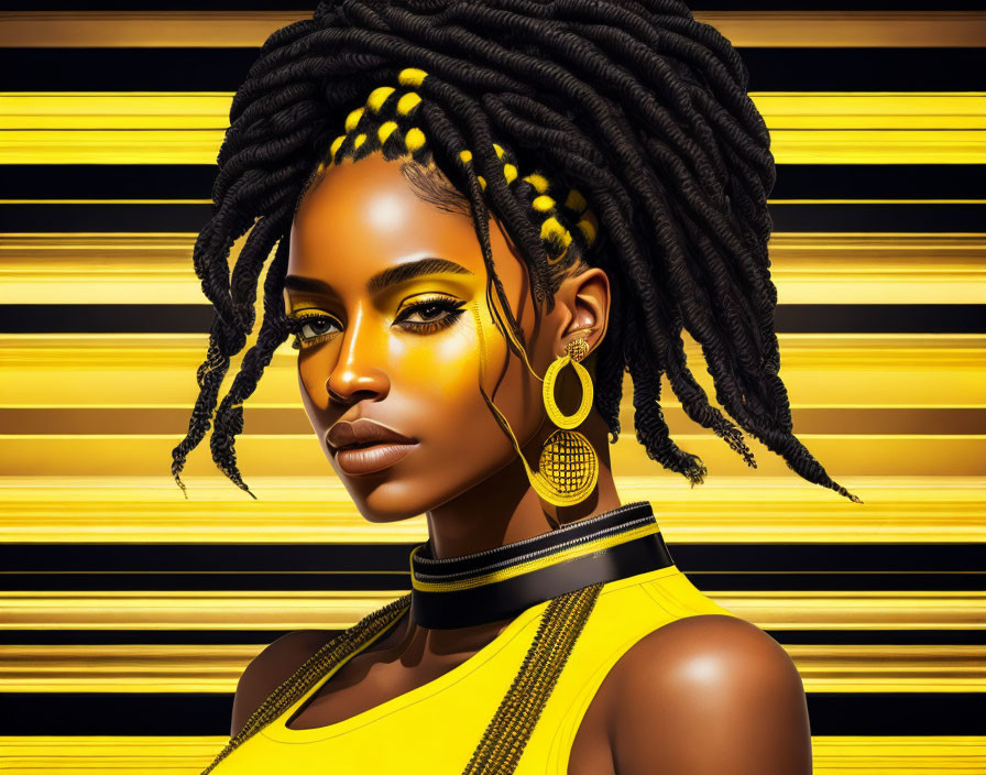 Dark-skinned woman with twisted hair and yellow bead adornments in yellow dress on striped golden backdrop