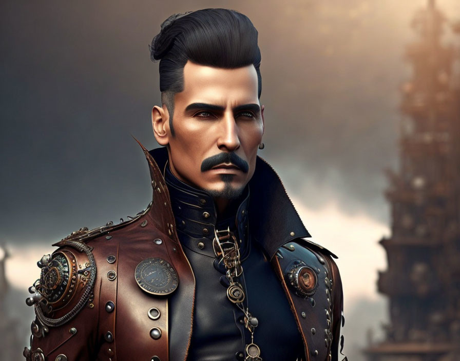 Steampunk-style male figure with slicked-back hair in digital art