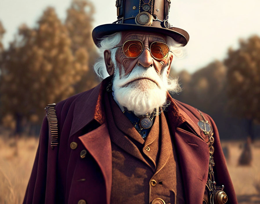 Steampunk-themed elderly man in goggles and top hat against autumn tree.