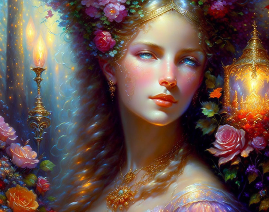 Fantasy portrait of woman with glowing skin and flowers in hair