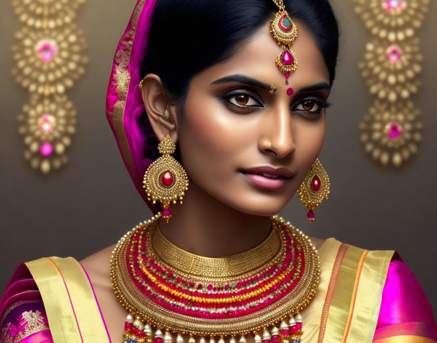 Traditional Indian Bridal Jewelry with Pink and Gold Saree