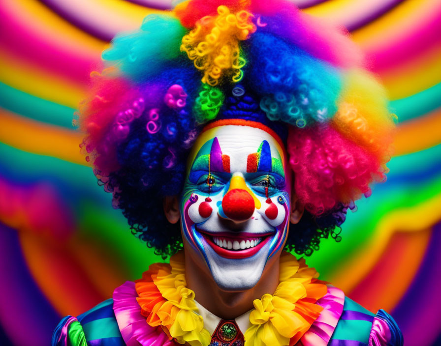 Colorful Clown with Rainbow Wig and Psychedelic Background