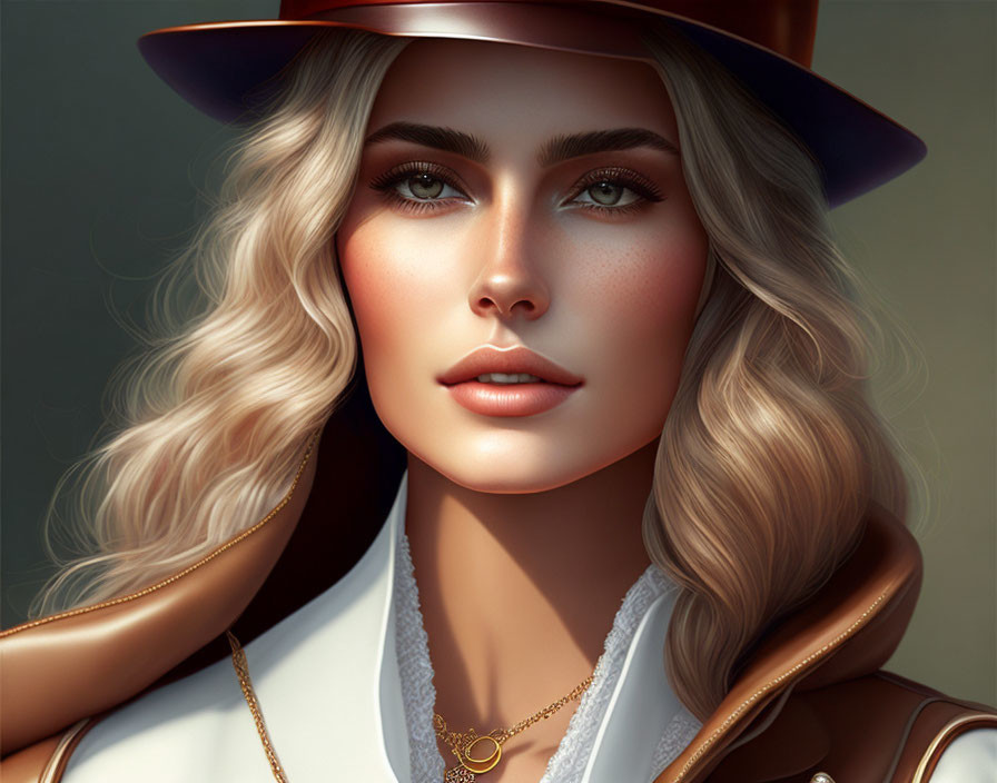 Blond woman in hat with curly hair, white blouse, brown jacket, gold necklace